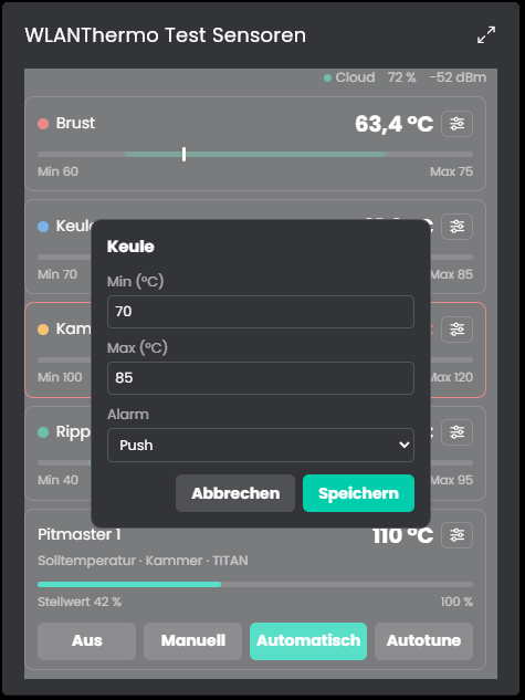 Dialog für Min, Max und Alarm eines Kanals
